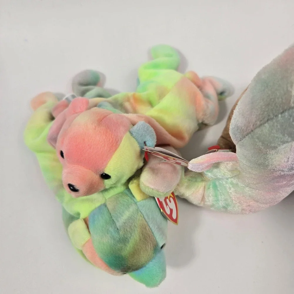 Ty Beanie Babies Lot Neon Seahorse Fuzz Bear Sammy Bear Tie Dye Plush Bundle 3pc